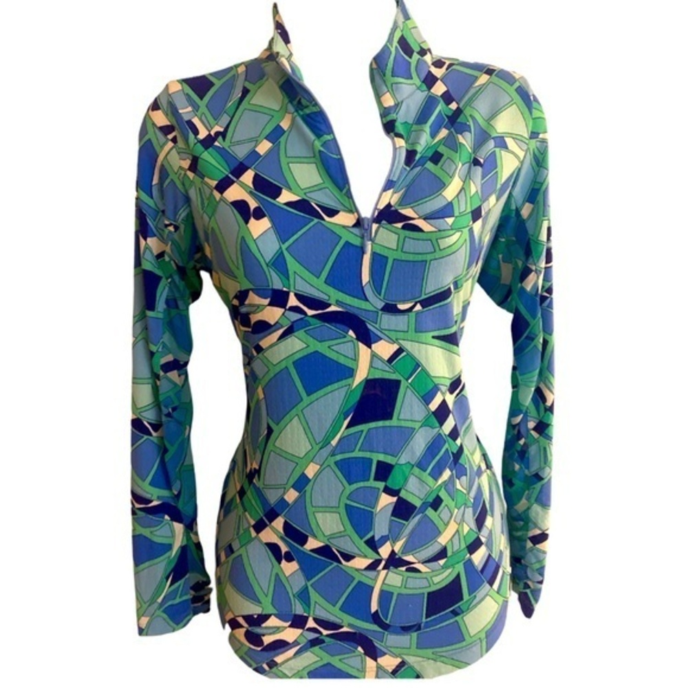 Gottex Lifestyle Quarter Zip UPF 50 Top - S blue green white , nylon spandex